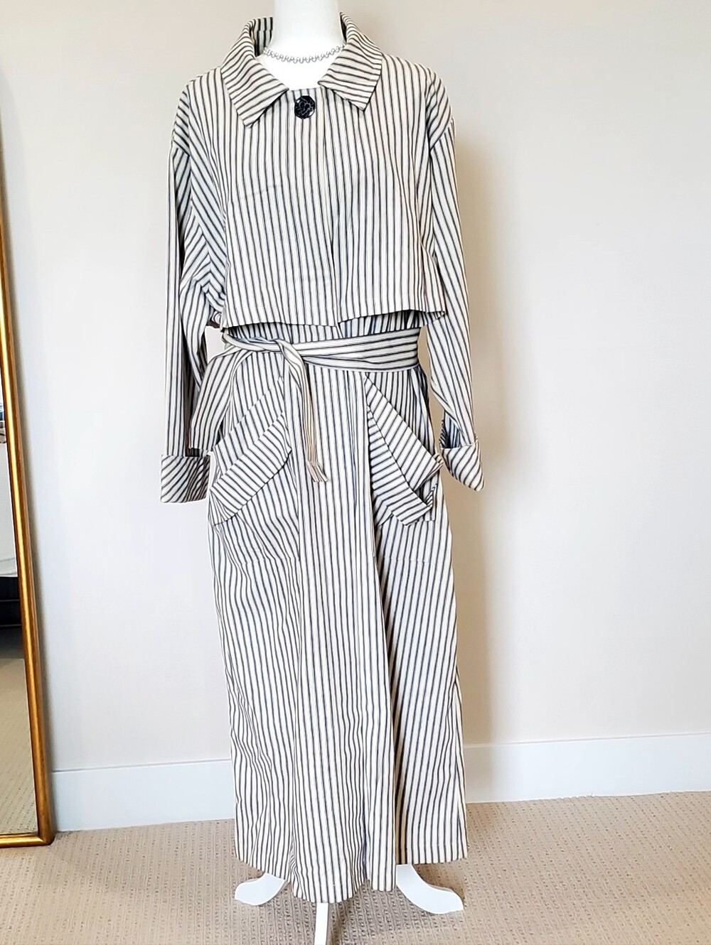 Lillie Rubin Vtg Long Blue/Cream Boswell Stripe Trench Coat Oversize Sm EUC
